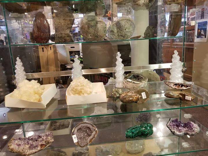 Fossils and Crystals in our beautiful Gettysburg ghost Exchange display case