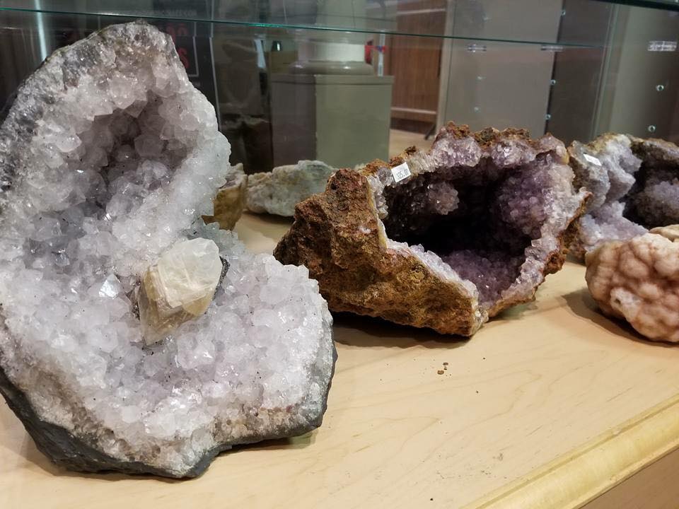 Fossils and Crystals in our beautiful Gettysburg ghost Exchange display case